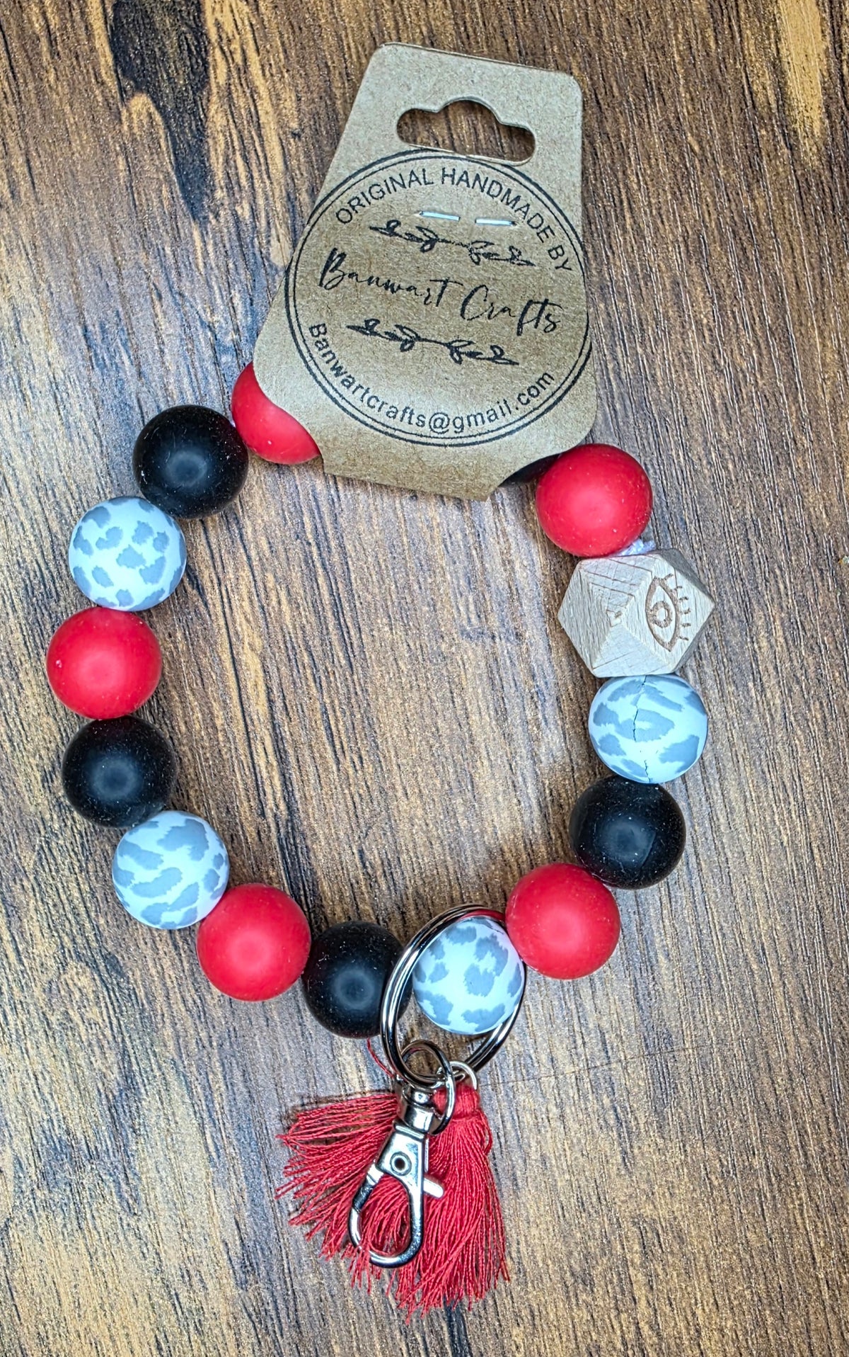 Gray Leopard red & black wristlet