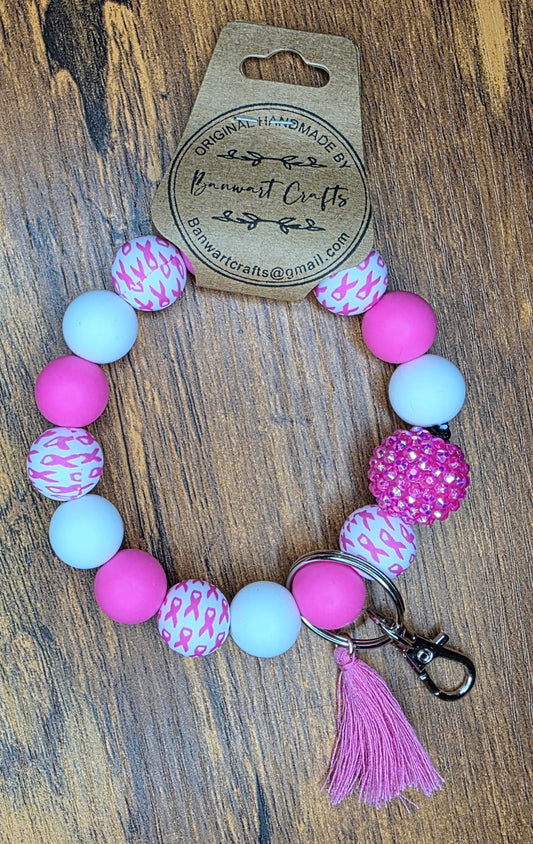 Breast cancer, pink & white wristlet
